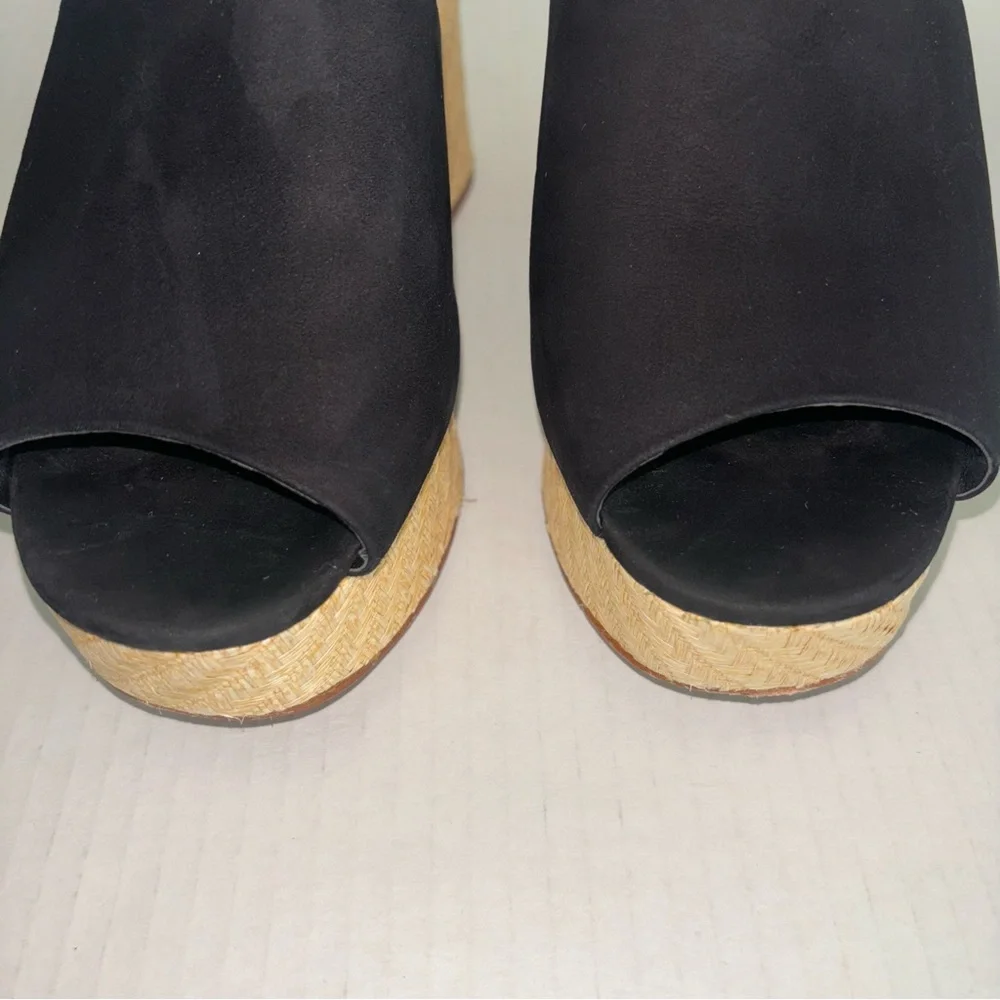 Schutz Tharley Black Suede Open-Toe Platform Block Heeled Mules Sandals Size 6.5